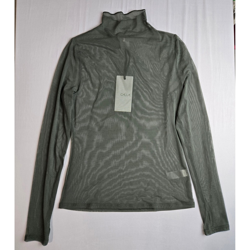 CALIA Women Mesh Long Sleeve Mock Neck Top Olive Green Thumbhole Cuffs NWT M